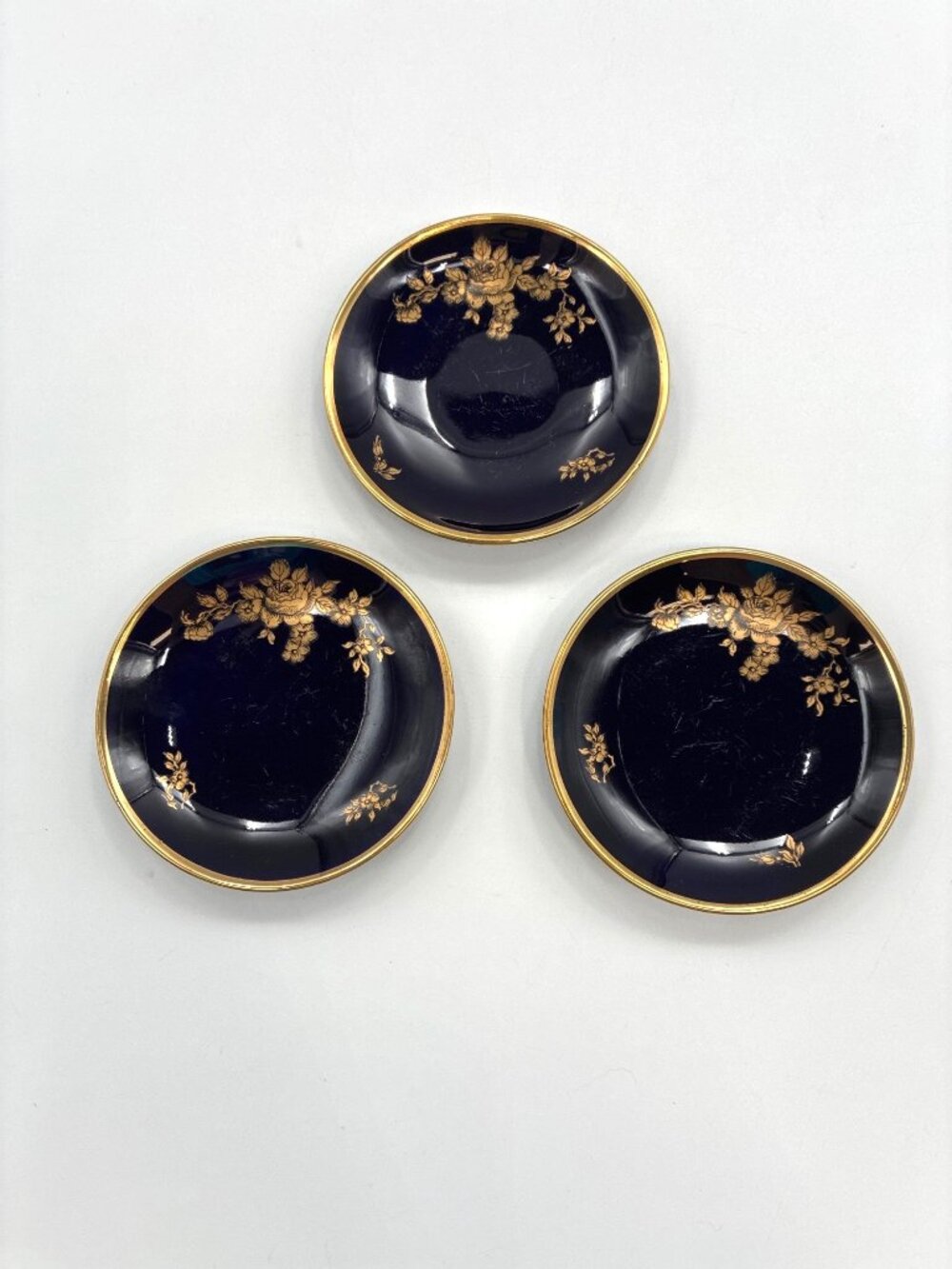 Set Of 3 Lindner Bavaria Echt Cobalt 4" Plates Gold Floral Design Trinket Dish